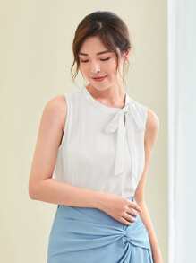 SHEIN Clasi Solid Tie Neck Top - White - View 1