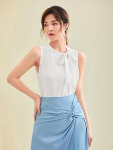 SHEIN Clasi Solid Tie Neck Top - White - View 4