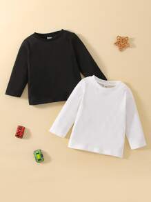 Baby Boy 2pcs Solid Round Neck Tee - Black and White - View 1