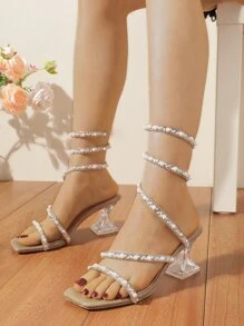 珍珠和水鑽裝飾異形高跟綁帶涼鞋 - 卡其色 - 查看 2