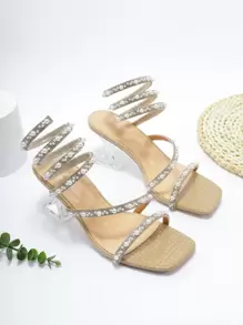 珍珠和水鑽裝飾異形高跟綁帶涼鞋 - 卡其色 - 查看 3