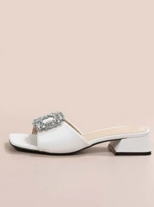 New Summer Rhinestone Buckle Slide Sandals Women, Fashion High Heel Slip-On Slippers Chunky Heel Strap Suitable For Date, Shopping, Commute, Business, Party - White - View 3