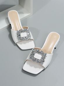 New Summer Rhinestone Buckle Slide Sandals Women, Fashion High Heel Slip-On Slippers Chunky Heel Strap Suitable For Date, Shopping, Commute, Business, Party - White - View 6