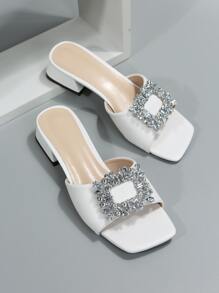 New Summer Rhinestone Buckle Slide Sandals Women, Fashion High Heel Slip-On Slippers Chunky Heel Strap Suitable For Date, Shopping, Commute, Business, Party - White - View 7