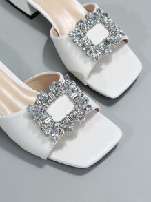 New Summer Rhinestone Buckle Slide Sandals Women, Fashion High Heel Slip-On Slippers Chunky Heel Strap Suitable For Date, Shopping, Commute, Business, Party - White - View 8