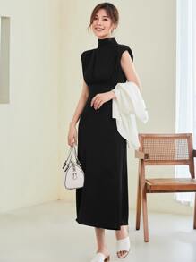 BizChic 女士纯色宽肩小立领收腰连衣裙，优雅的婚礼季节，基本款商务休闲连衣裙，优雅的女士服装，适合音乐会、婚礼宾客