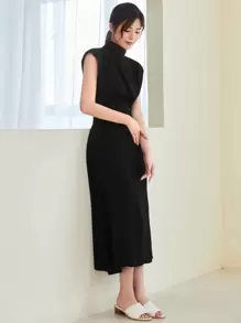 BizChic 女士纯色宽肩小立领收腰连衣裙，优雅的婚礼季节，基本款商务休闲连衣裙，优雅的女士服装，适合音乐会、婚礼宾客