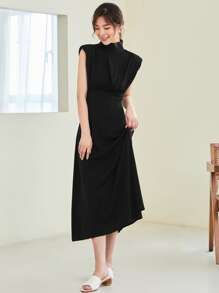 BizChic 女士纯色宽肩小立领收腰连衣裙，优雅的婚礼季节，基本款商务休闲连衣裙，优雅的女士服装，适合音乐会、婚礼宾客