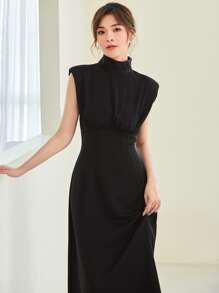 BizChic 女士纯色宽肩小立领收腰连衣裙，优雅的婚礼季节，基本款商务休闲连衣裙，优雅的女士服装，适合音乐会、婚礼宾客