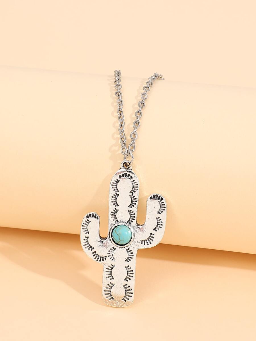 Turquoise Decor Cactus Charm Necklace - Silver - View 1