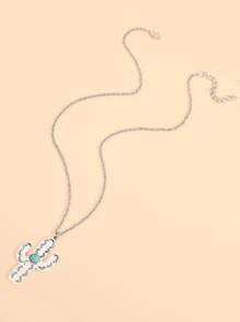 Turquoise Decor Cactus Charm Necklace - Silver - View 4