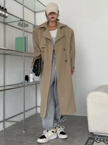 DAZY 纯色双排扣长款休闲风衣，秋装女式夹克 - 卡其色 - 查看 9