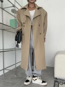 DAZY 纯色双排扣长款休闲风衣，秋装女式夹克 - 卡其色 - 查看 3