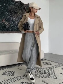 DAZY 纯色双排扣长款休闲风衣，秋装女式夹克 - 卡其色 - 查看 5