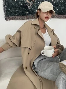 DAZY 纯色双排扣长款休闲风衣，秋装女式夹克 - 卡其色 - 查看 7