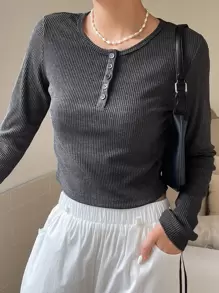 DAZY 半扣罗纹针织 T 恤，秋季服装长袖女式上衣