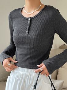 DAZY 半扣罗纹针织 T 恤，秋季服装长袖女式上衣