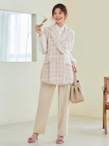 SHEIN BIZwear 缺口翻領抽鬚邊粗花呢馬甲西裝外套工作服 - 彩色 - 查看 3