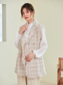 SHEIN BIZwear 缺口翻領抽鬚邊粗花呢馬甲西裝外套工作服 - 彩色 - 查看 4