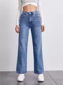 SHEIN Frenchy High Waist Straight Leg Jeans - Light Wash - View 1