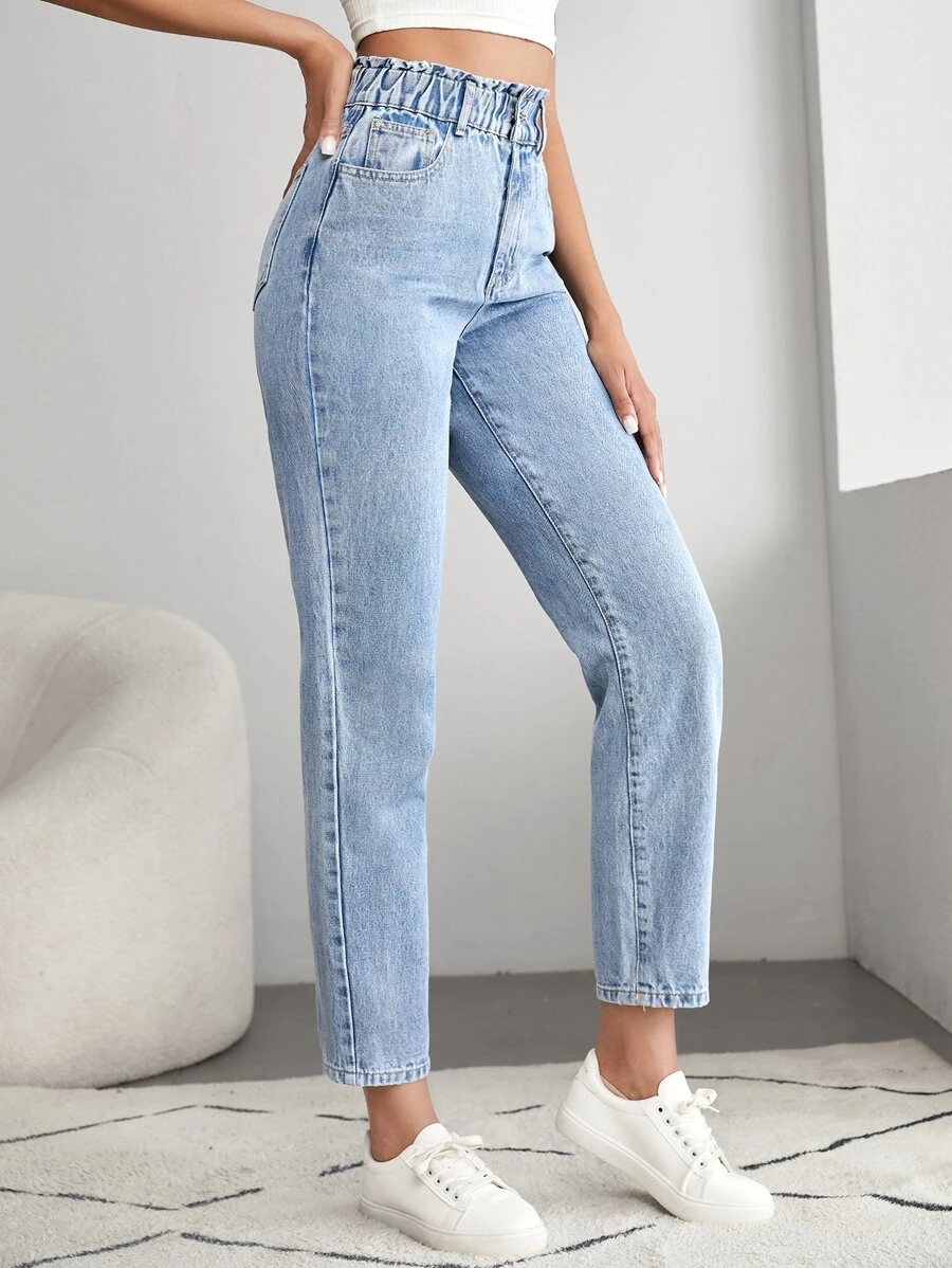 SHEIN Tall 輕度水洗藍紙袋型腰媽媽牛仔褲 - 淺色水洗藍 - 查看 1