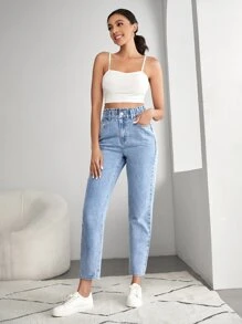 SHEIN Tall 輕度水洗藍紙袋型腰媽媽牛仔褲 - 淺色水洗藍 - 查看 5