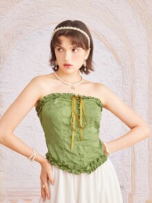 ROMWE Jacquard Frill Trim Tube Top - Green - View 3