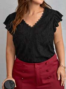 SHEIN Frenchy Áo thun Plus size Tương phản ren Xù màu trơn Boho - màu đen - Xem 1