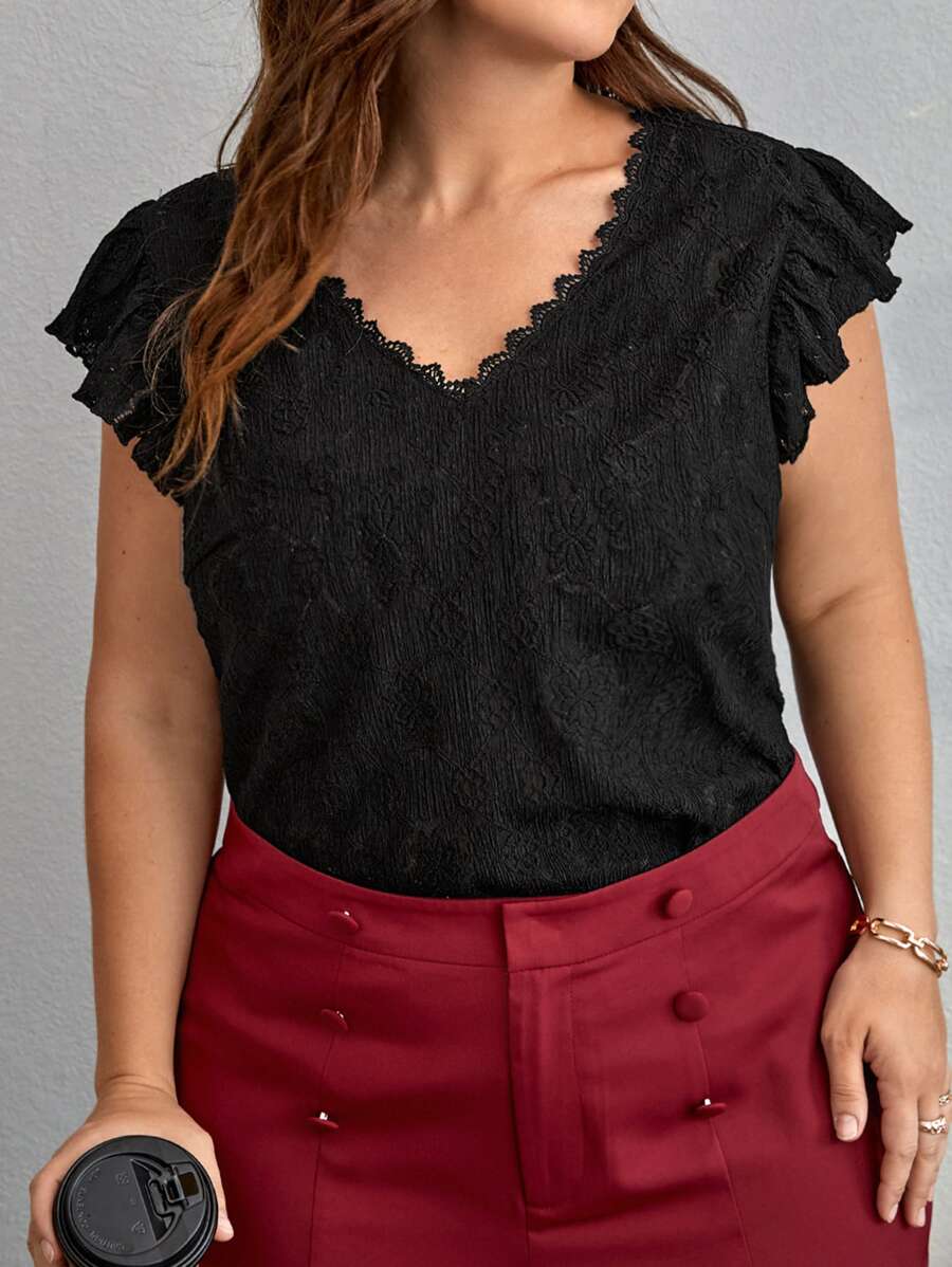 SHEIN Frenchy Áo thun Plus size Tương phản ren Xù màu trơn Boho - màu đen - Xem 1