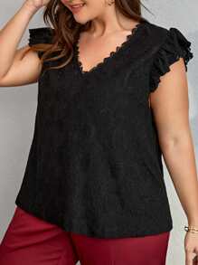 SHEIN Frenchy Áo thun Plus size Tương phản ren Xù màu trơn Boho - màu đen - Xem 3