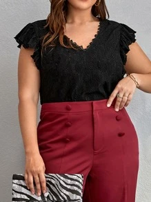 SHEIN Frenchy Áo thun Plus size Tương phản ren Xù màu trơn Boho - màu đen - Xem 4