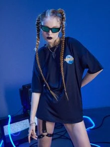 ROMWE Street Life Khẩu hiệu Hành tinh Đồ họa Áo phông quá khổ KÝ HIỆU MẶT TRĂNG TRÁI ĐẤT Mặt gần của Mặt trăng Phía bắc ở trên đỉnh, Trường học - Màu xanh hải quân - Xem 2
