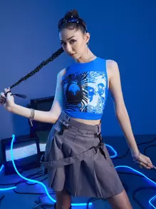 ROMWE Anime Top tank con estampado de figura - Azul - Ver 2