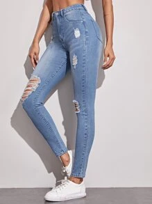 Women's Ripped Washed Stretchy Skinny Denim Jeans With Pockets - Light Wash - View 3