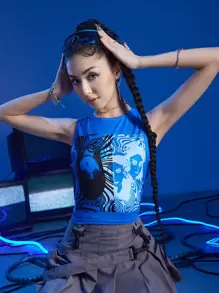 ROMWE Anime Top tank con estampado de figura - Azul - Ver 4