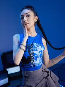 ROMWE Anime Top tank con estampado de figura - Azul - Ver 5