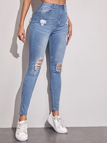 Women's Ripped Washed Stretchy Skinny Denim Jeans With Pockets - Light Wash - View 4