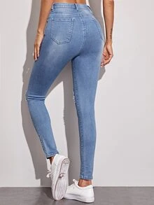 Women's Ripped Washed Stretchy Skinny Denim Jeans With Pockets - Light Wash - View 2