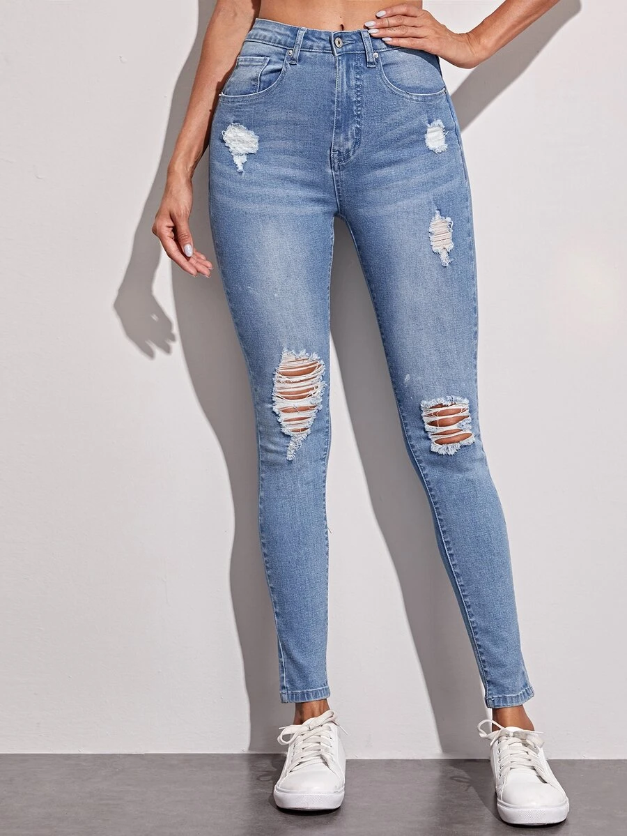 Women's Ripped Washed Stretchy Skinny Denim Jeans With Pockets - Light Wash - View 1