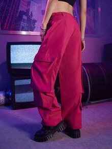 ROMWE Street Life Solid Flap Pocket Pants - Hot Pink - View 2