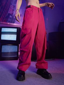 ROMWE Street Life Solid Flap Pocket Pants - Hot Pink - View 3