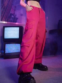 ROMWE Street Life Solid Flap Pocket Pants - Hot Pink - View 4