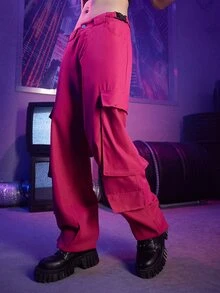 ROMWE Street Life Solid Flap Pocket Pants - Hot Pink - View 6