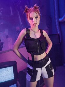 ROMWE Street Life Solid Pocket Zip Up Buckle Decor Tank Top - Black - View 1