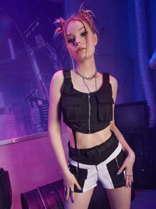 ROMWE Street Life Solid Pocket Zip Up Buckle Decor Tank Top - Black - View 2