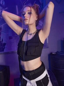 ROMWE Street Life Solid Pocket Zip Up Buckle Decor Tank Top - Black - View 3