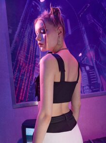 ROMWE Street Life Solid Pocket Zip Up Buckle Decor Tank Top - Black - View 5