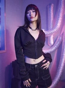 ROMWE Street Life Zip Up Crop Hoodie - Black - View 2