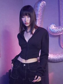 ROMWE Street Life Zip Up Crop Hoodie - Black - View 7