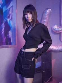 ROMWE Street Life Zip Up Crop Hoodie - Black - View 3